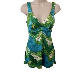 Vintage 60's Sirena 2 Piece Tankini Zipper Swimsuit Watercolor Beach Print 12